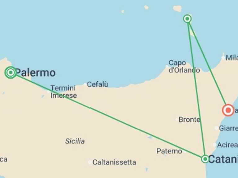 Map itinerary of Catania Tour in August 2026 with 4 destination visits for the trip: Palermo, North Sicily & Aeolian Islands - 9 days