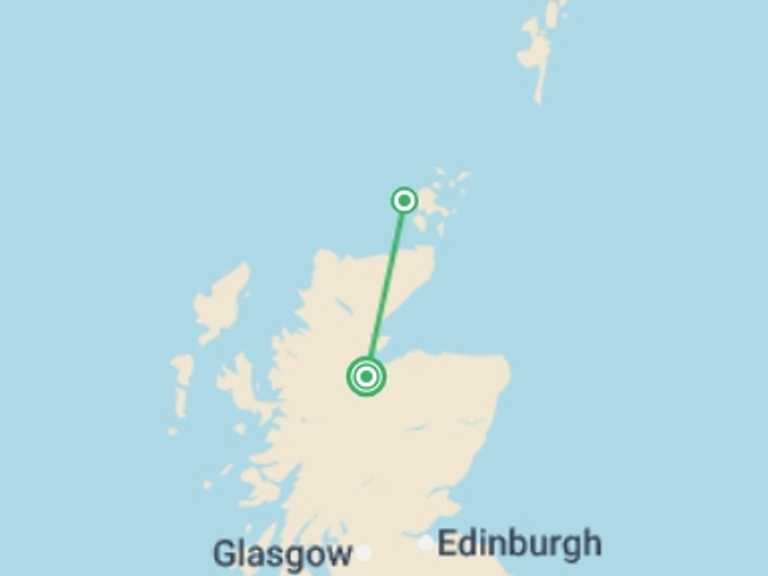 Map itinerary of UK and Britain Tour in Summer with 2 destination visits for the trip: Inverness to Orkney - 3 days