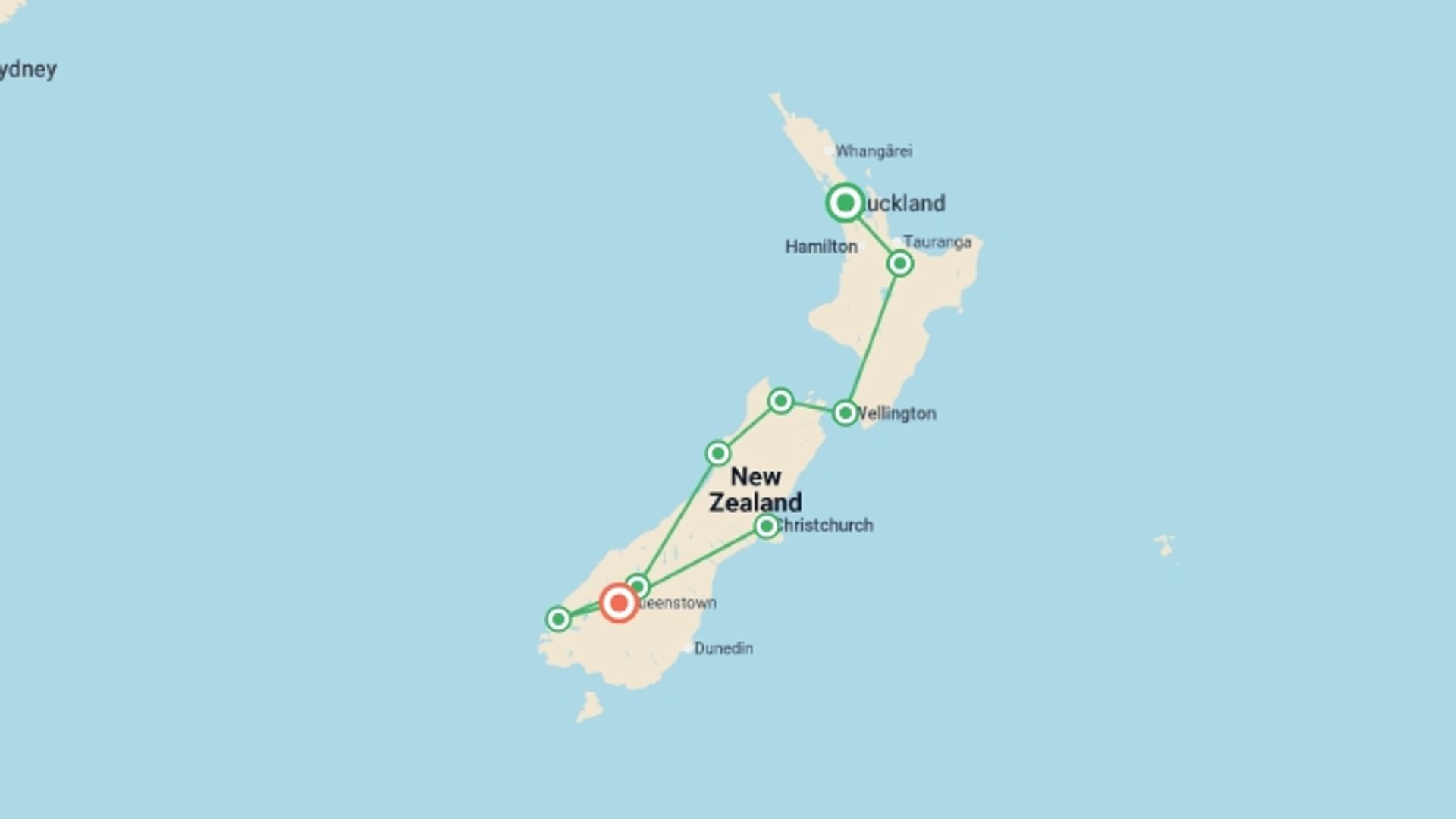 A map showing the tour itinerary for the trip: Real New Zealand, starting in Auckland, New Zealand and ending in Queenstown, New Zealand going through 7 other destinations.