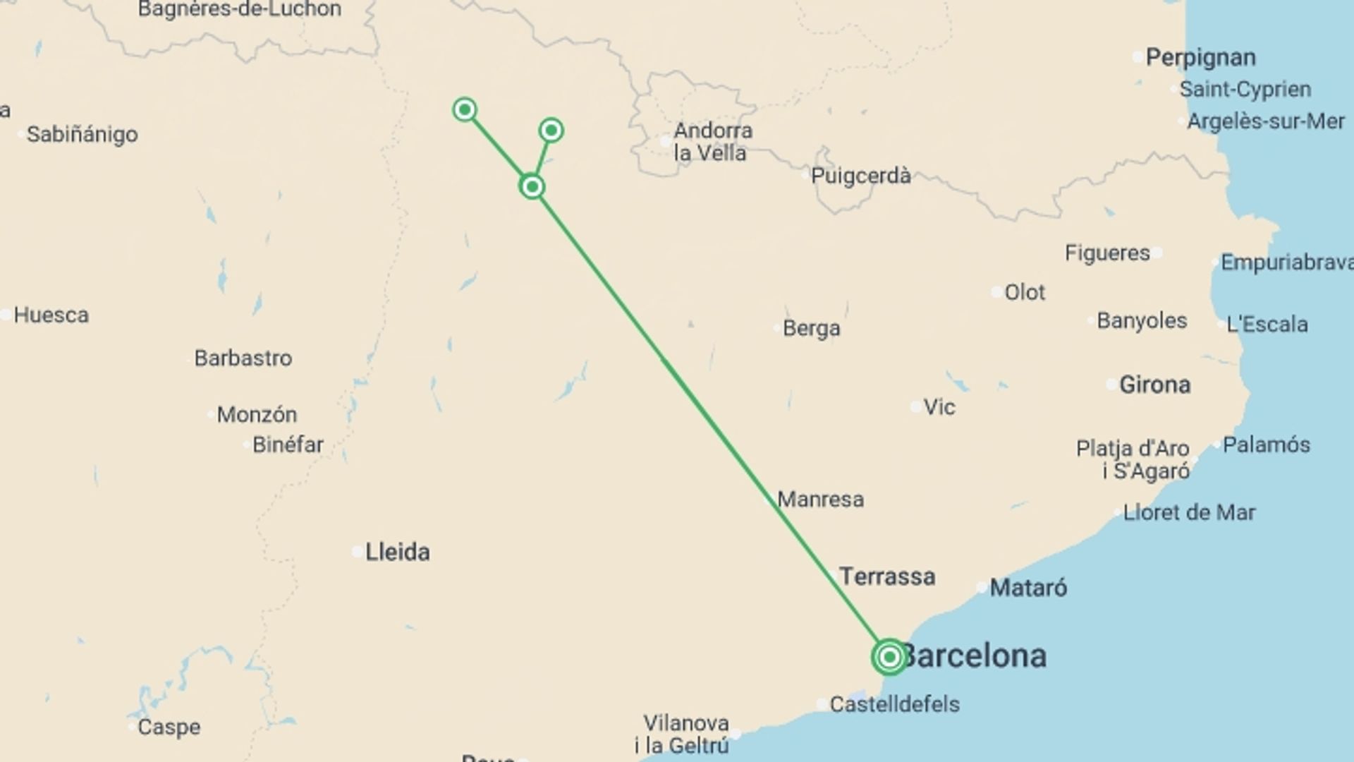 A map showing the tour itinerary for the trip: Family Pyrenees Multi-Activity Adventure, starting in Barcelona, Spain and ending in Barcelona, Spain going through 4 other destinations.