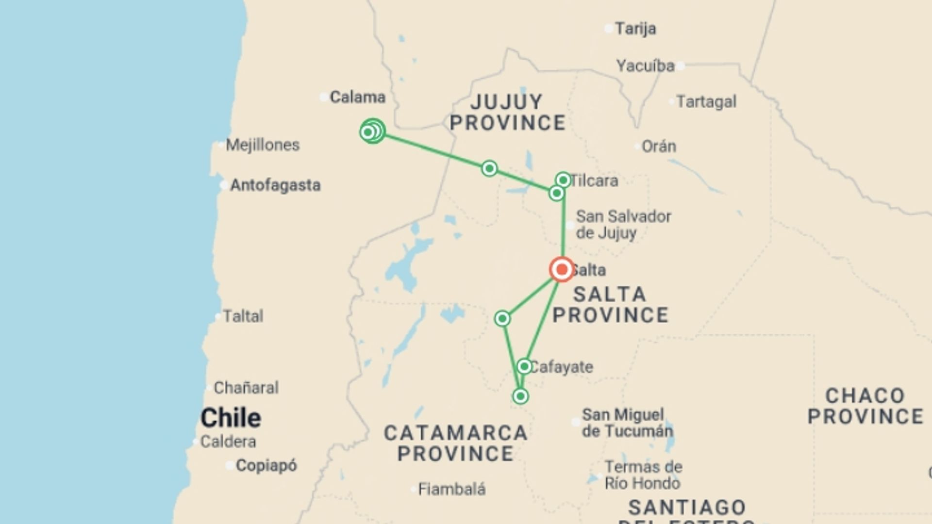 A map showing the tour itinerary for the trip: Cycle Chile & Argentina: Atacama to Salta, starting in San Pedro De Atacama, Chile and ending in Salta, Argentina going through 7 other destinations.