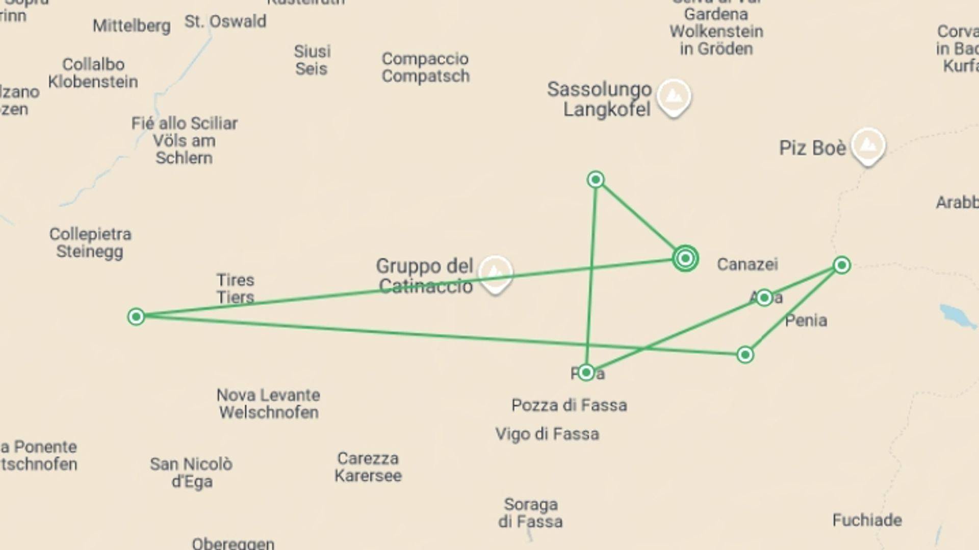 A map showing the tour itinerary for the trip: Highlights of the Dolomites, starting in Campitello Di Fassa, Italy and ending in Campitello Di Fassa, Italy going through 6 other destinations.