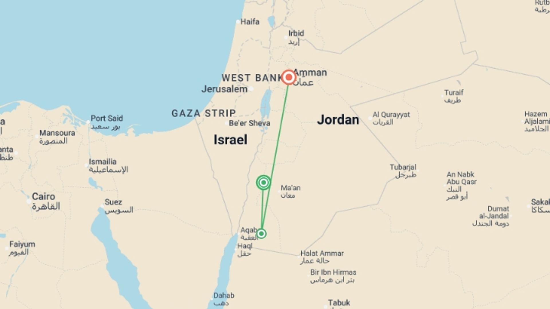A map showing the tour itinerary for the trip: Jordan: See & Experience it all in 5 days, Luxury Tour, starting in Petra, Jordan and ending in Amman, Jordan going through 1 other destinations.