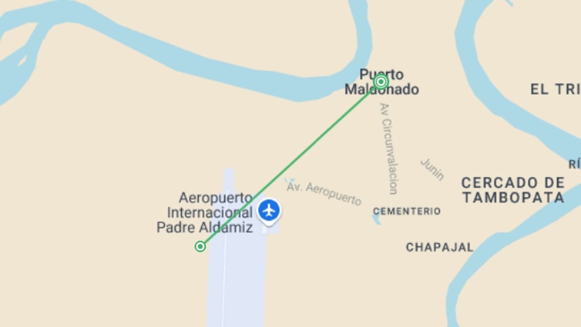 A map showing the tour itinerary for the trip: Puerto Maldonado Amazon Superior Lodge 5D/4N (from Puerto Maldonado), starting in Puerto Maldonado, Peru and ending in Puerto Maldonado, Peru going through 1 other destinations.