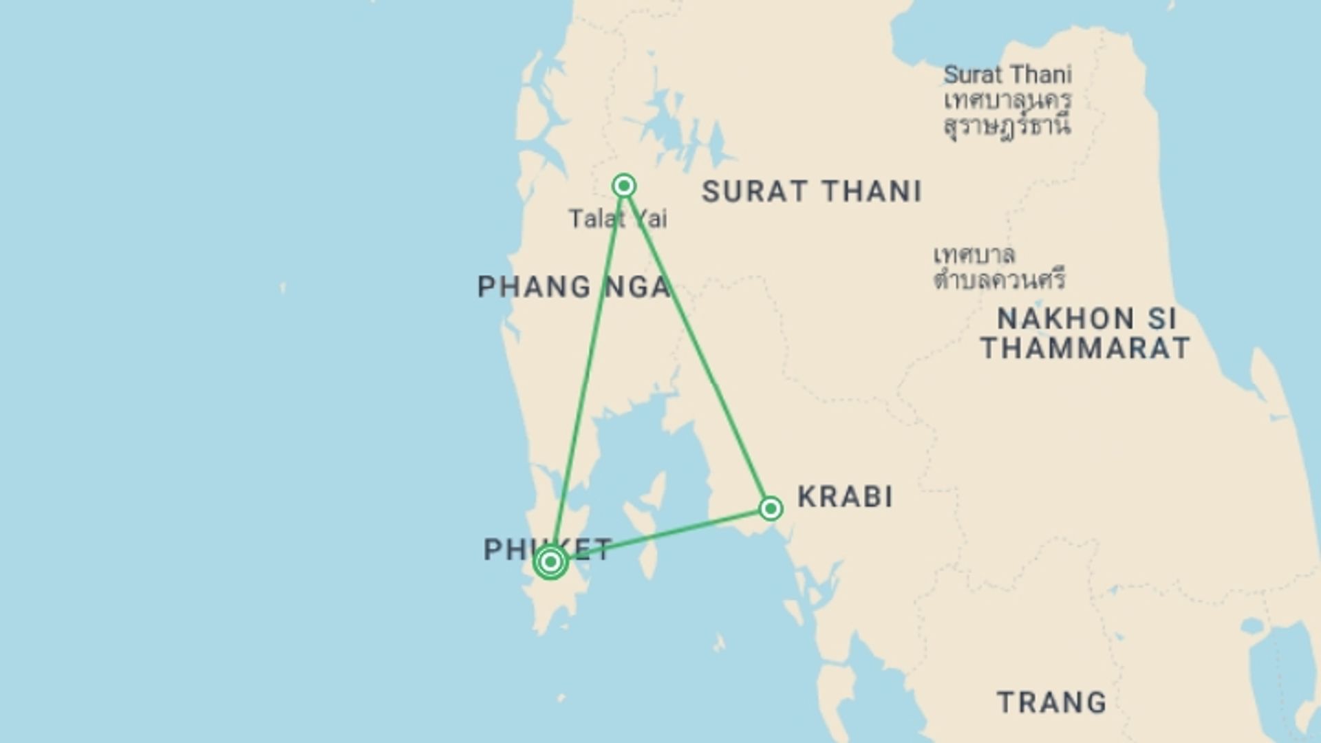 A map showing the tour itinerary for the trip: Southern Thailand Family Holiday, starting in Phuket, Thailand and ending in Phuket, Thailand going through 2 other destinations.