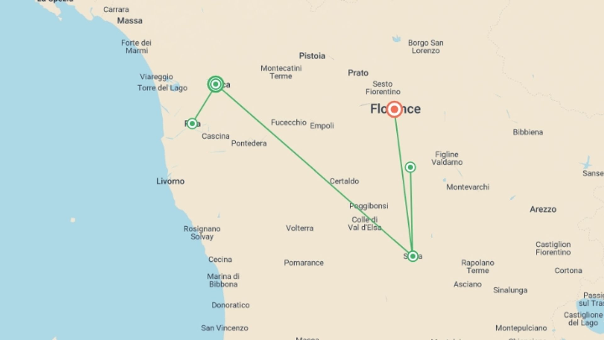 A map showing the tour itinerary for the trip: Tuscany Highlights, Private Tour, starting in Lucca, Italy and ending in Florence, Italy going through 1 other destinations.
