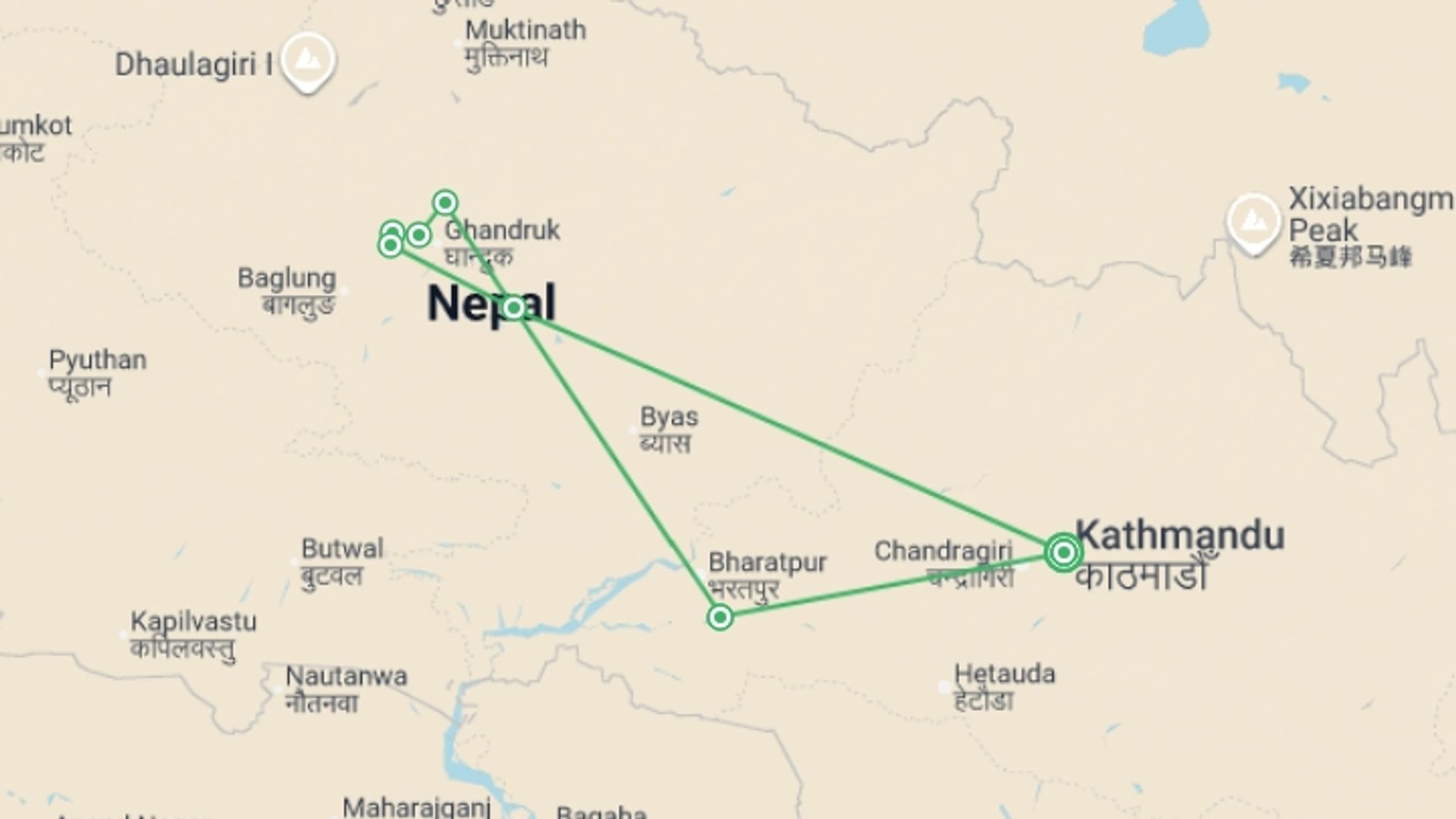 A map showing the tour itinerary for the trip: Nepal: Women's Expedition, starting in Kathmandu, Nepal and ending in Kathmandu, Nepal going through 6 other destinations.