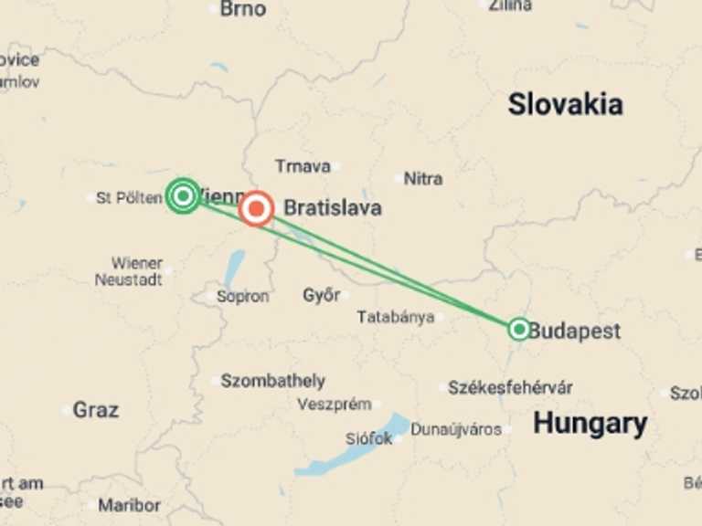 Map itinerary of Europe Tour in April 2027 with 3 destination visits for the trip: Capital Cities Along the Danube (port-to-port cruise)