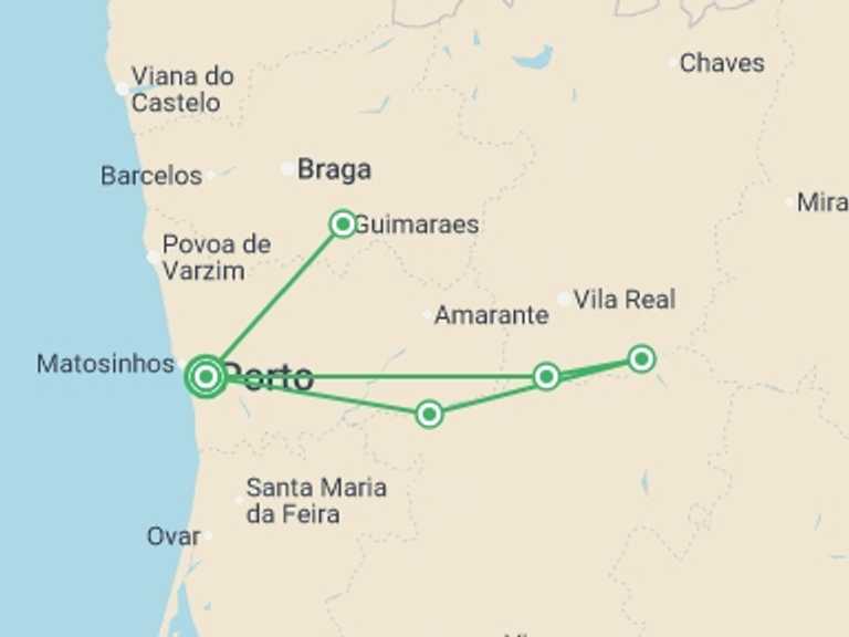 Map itinerary of Europe Tour in Fall with 4 destination visits for the trip: Porto and the Douro Valley (port-to-port cruise)