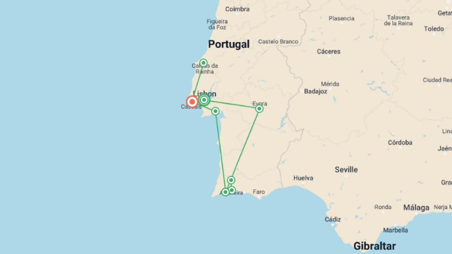 A map showing the tour itinerary for the trip: Sunny Portugal Lisbon, Alentejo, Algarve & Portuguese Riviera, starting in Lisbon, Portugal and ending in Cascais, Portugal going through 0 other destinations.