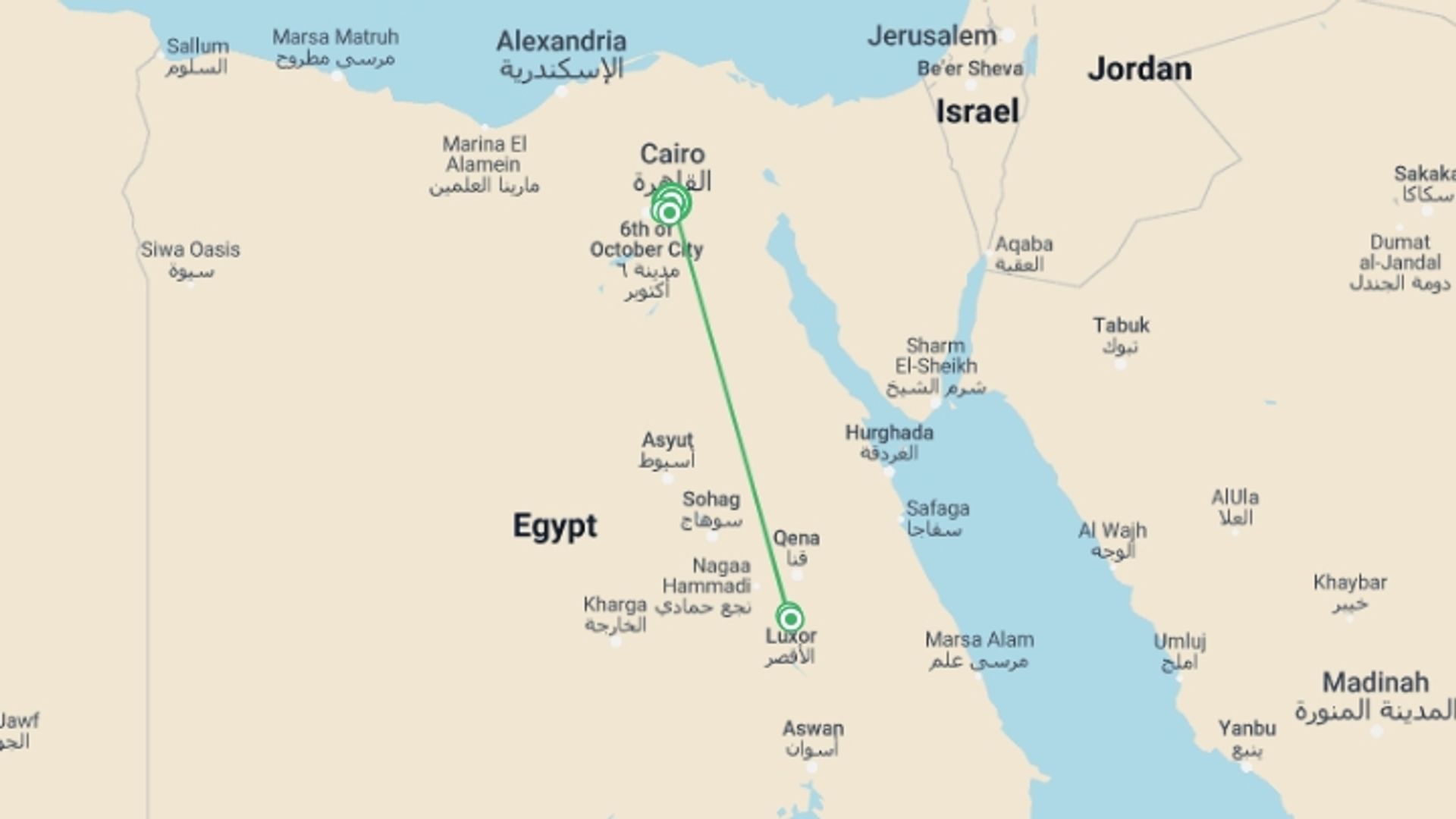 A map showing the tour itinerary for the trip: Cairo And Luxor Tour, starting in Cairo, Egypt and ending in Cairo, Egypt going through 1 other destinations.