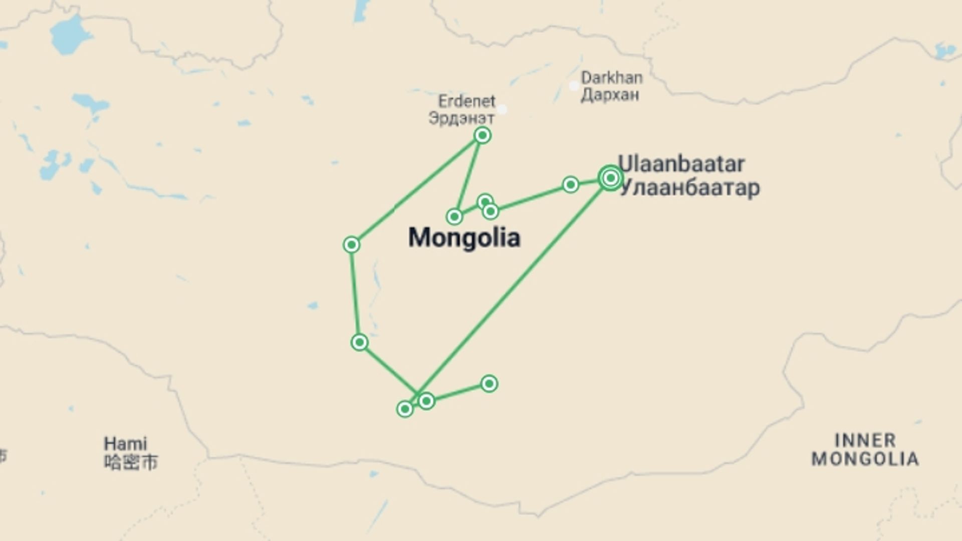 A map showing the tour itinerary for the trip: Gobi Desert Explorer, starting in Ulaanbaatar, Mongolia and ending in Ulaanbaatar, Mongolia going through 10 other destinations.