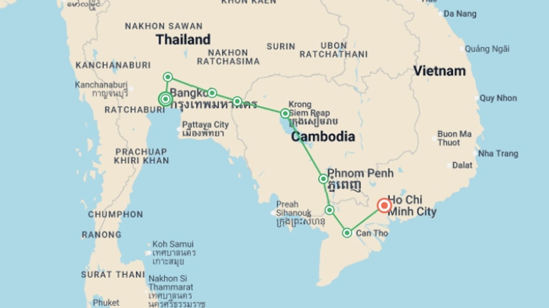 A map showing the tour itinerary for the trip: Cycle Indochina & Angkor - Premium Adventure, starting in Bangkok, Thailand and ending in Ho Chi Minh City, Vietnam going through 7 other destinations.