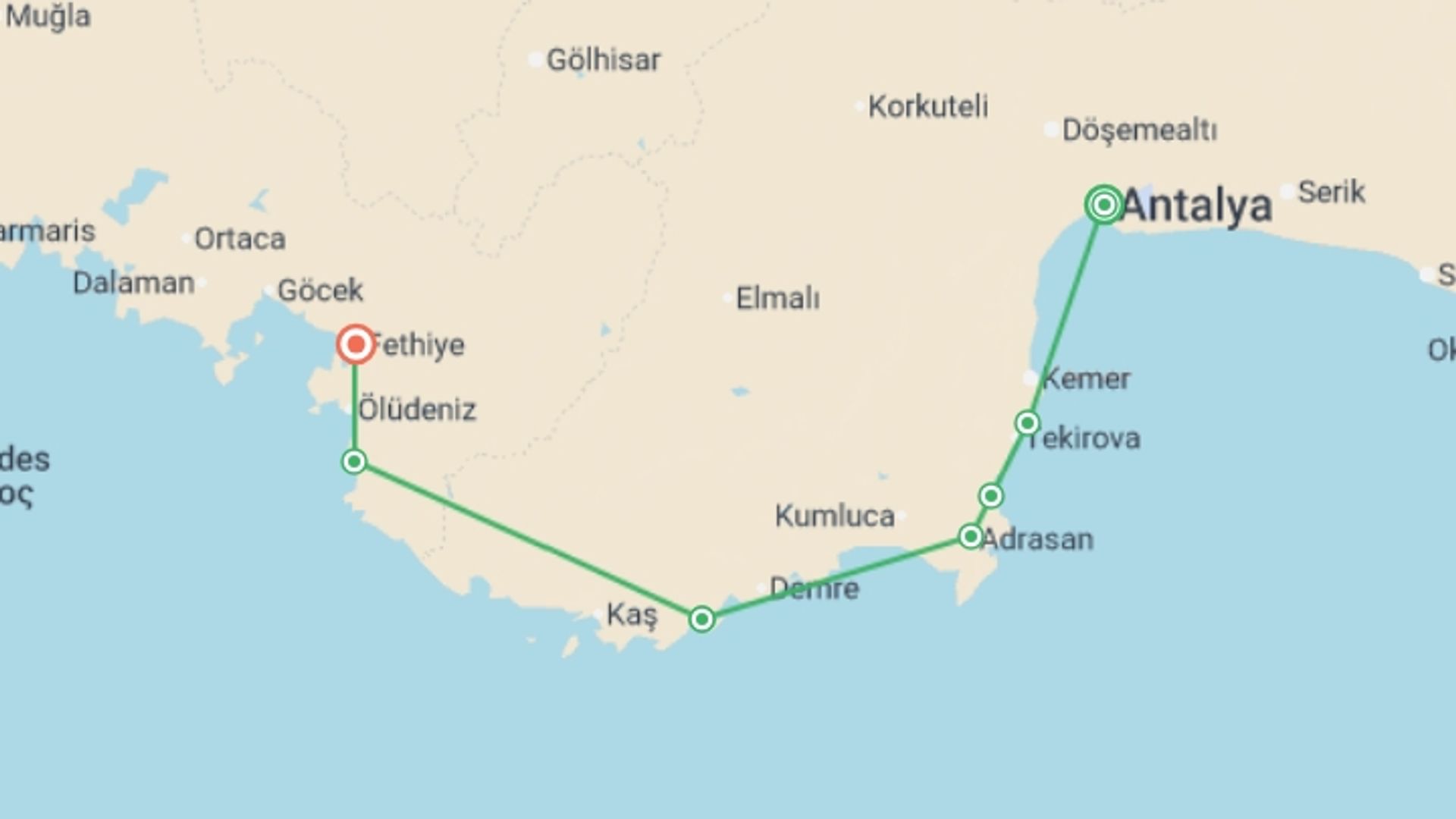 A map showing the tour itinerary for the trip: Walk the highlights of the Lycian Way, starting in Antalya, Turkey and ending in Fethiye, Turkey going through 6 other destinations.