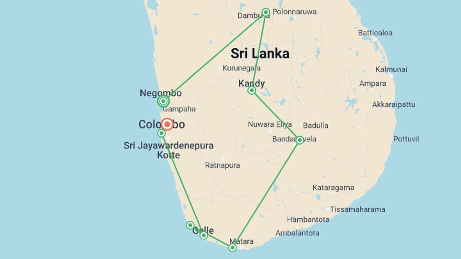 A map showing the tour itinerary for the trip: Sri Lanka - 12 Day Adventure Tour, starting in Negombo, Sri Lanka and ending in Wattala, Sri Lanka going through 9 other destinations.