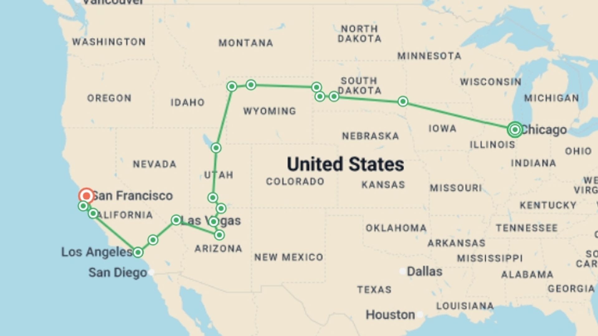 A map showing the tour itinerary for the trip: Chicago, Yellowstone & Los Angeles - 14 days, starting in Chicago, USA and ending in San Francisco, USA going through 6 other destinations.