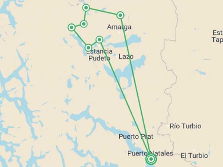 Map itinerary of Chile Tour in Fall with 9 destination visits for the trip: Torres del Paine - Full Circuit Trek