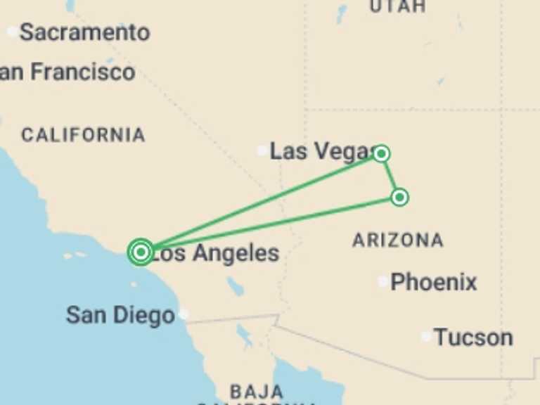 Map of a Sightseeing Tour with 2 destination visits for the trip: Los Angeles, Las Vegas, and the Grand Canyon, Ending in LAX
