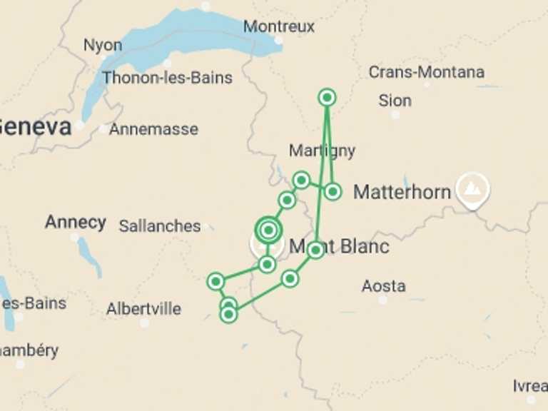 Map of a Adventure Tour with 9 destination visits for the trip: Mont Blanc Circuit Self Guided Hike