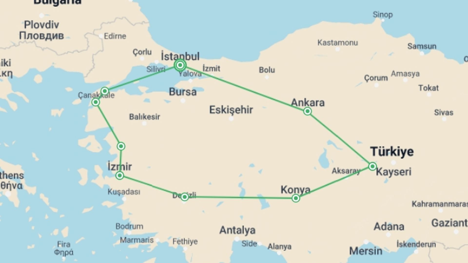 A map showing the tour itinerary for the trip: Classical Türkiye, starting in Istanbul, Turkey and ending in Istanbul, Turkey going through 5 other destinations.