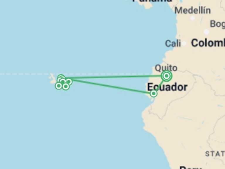 Map itinerary of Quito Tour in November 2026 with 6 destination visits for the trip: Galápagos — West & Central Islands aboard the Eden