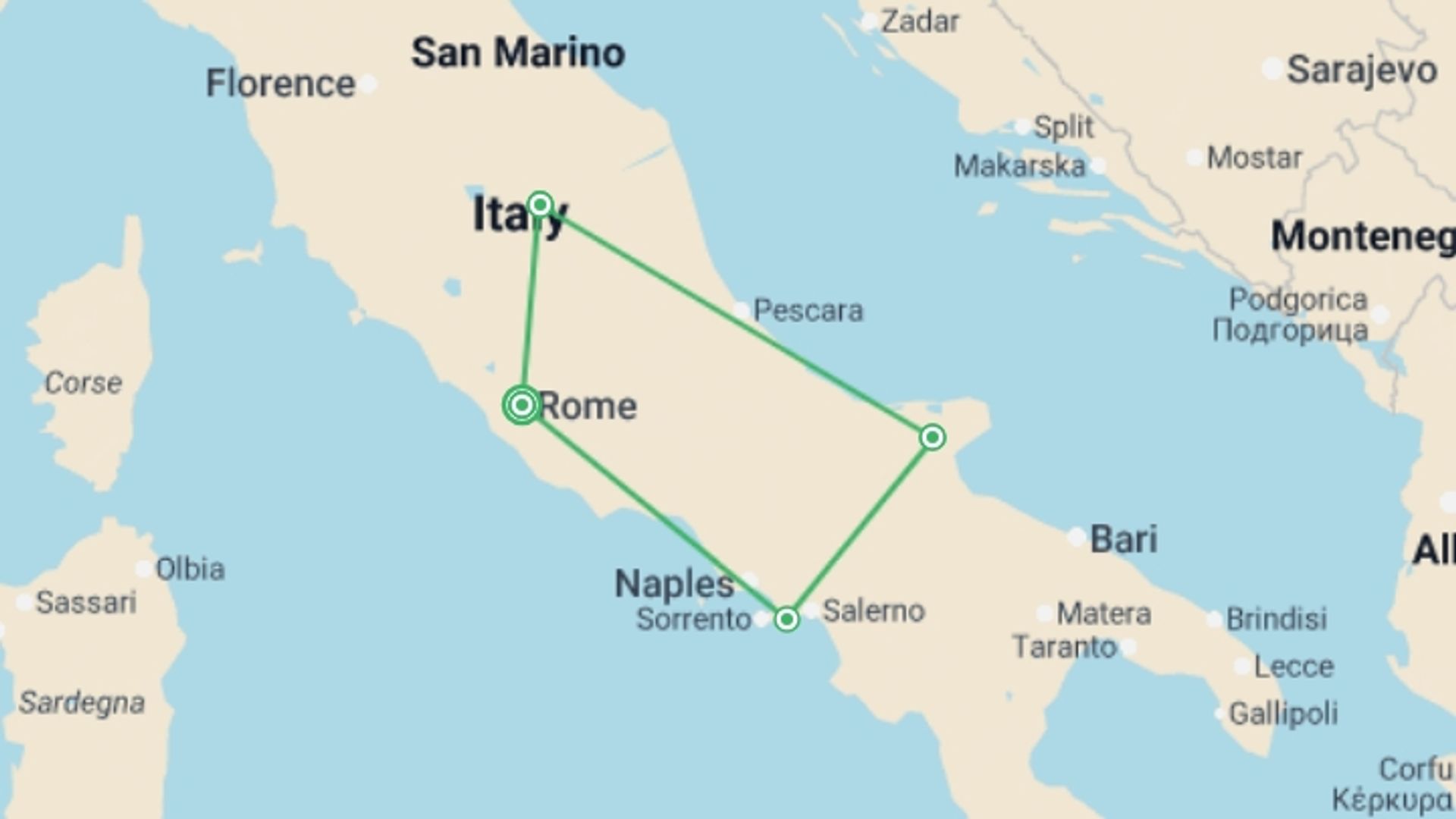 A map showing the tour itinerary for the trip: Shrines of Italy , starting in Rome, Italy and ending in Rome, Italy going through 3 other destinations.