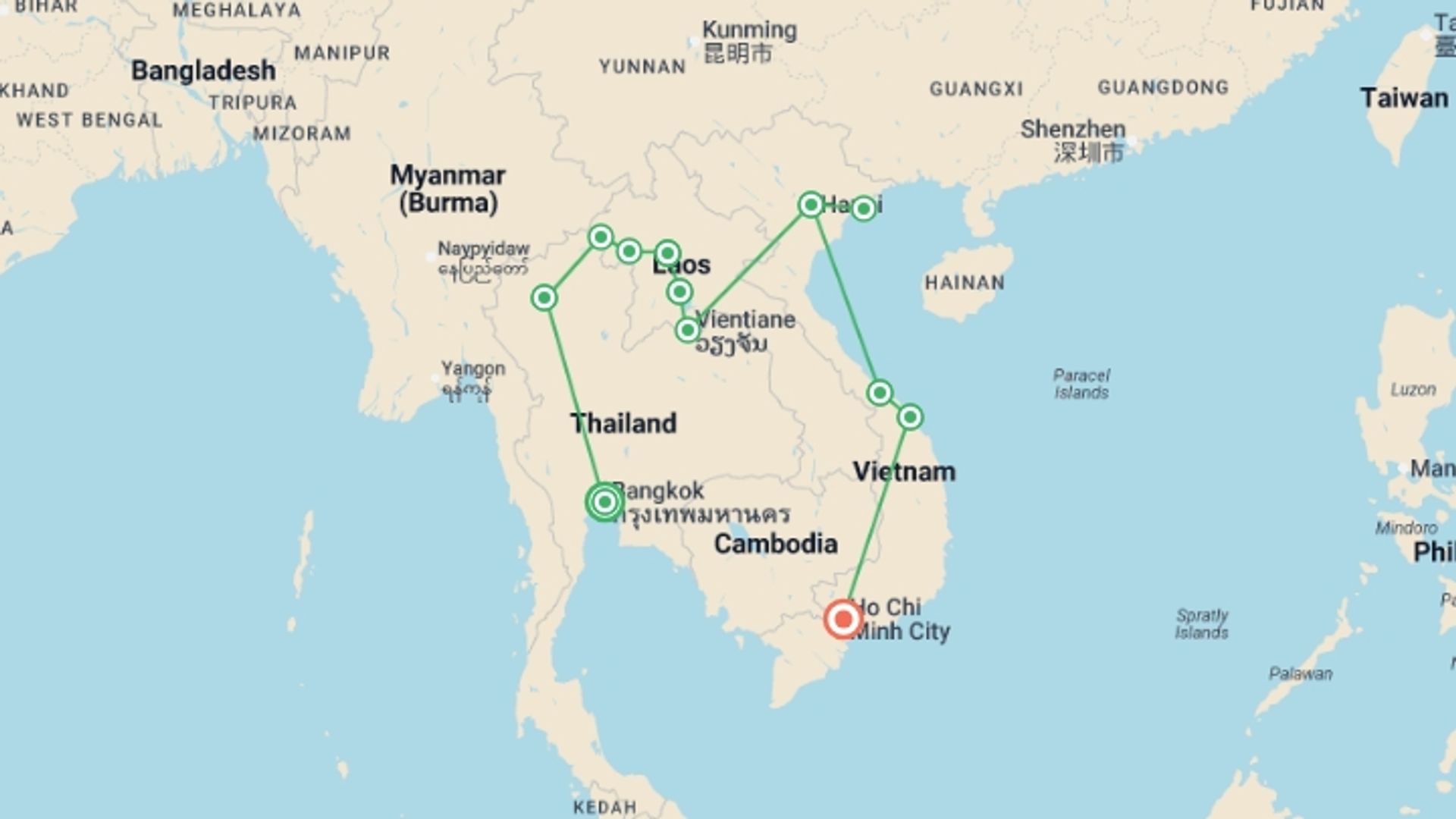 A map showing the tour itinerary for the trip: South East Asia Uncovered, starting in Bangkok, Thailand and ending in Ho Chi Minh City, Vietnam going through 10 other destinations.