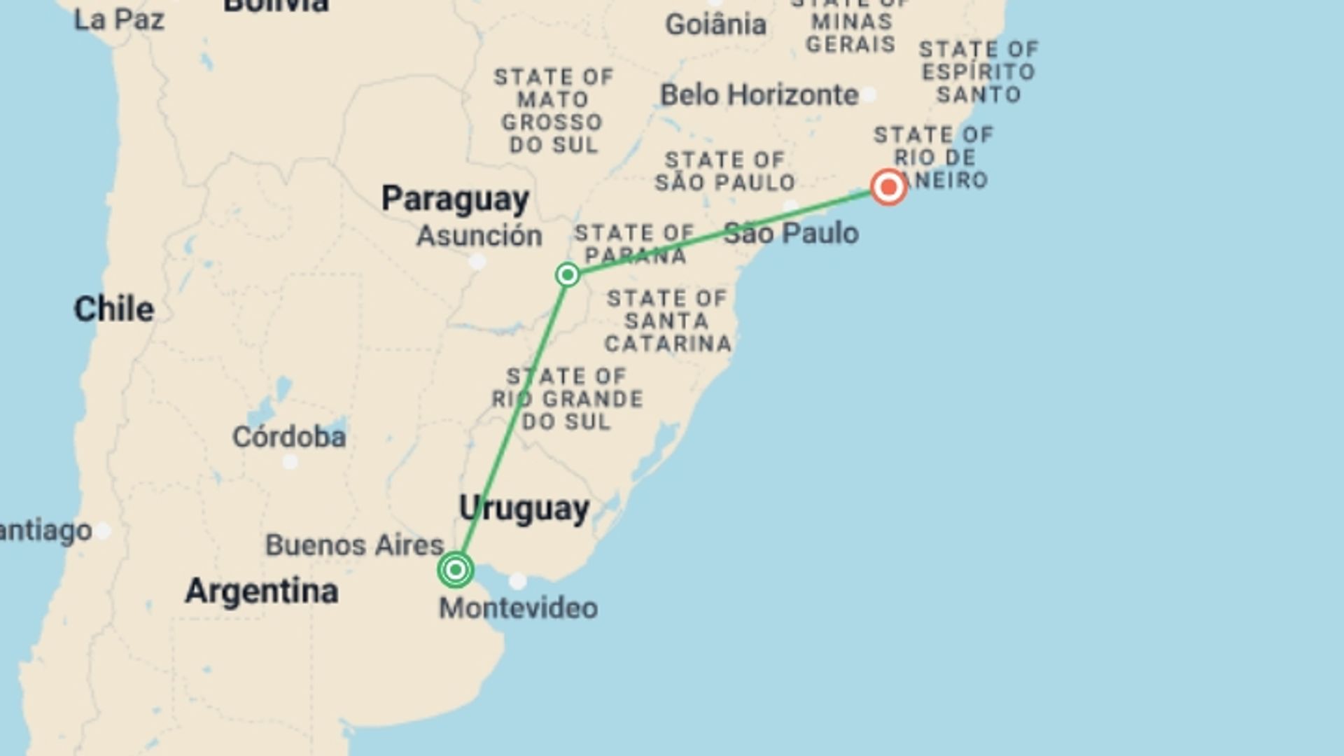 A map showing the tour itinerary for the trip: Jewels Of Argentina And Brazil, starting in Buenos Aires, Argentina and ending in Rio de Janeiro, Brazil going through 1 other destinations.