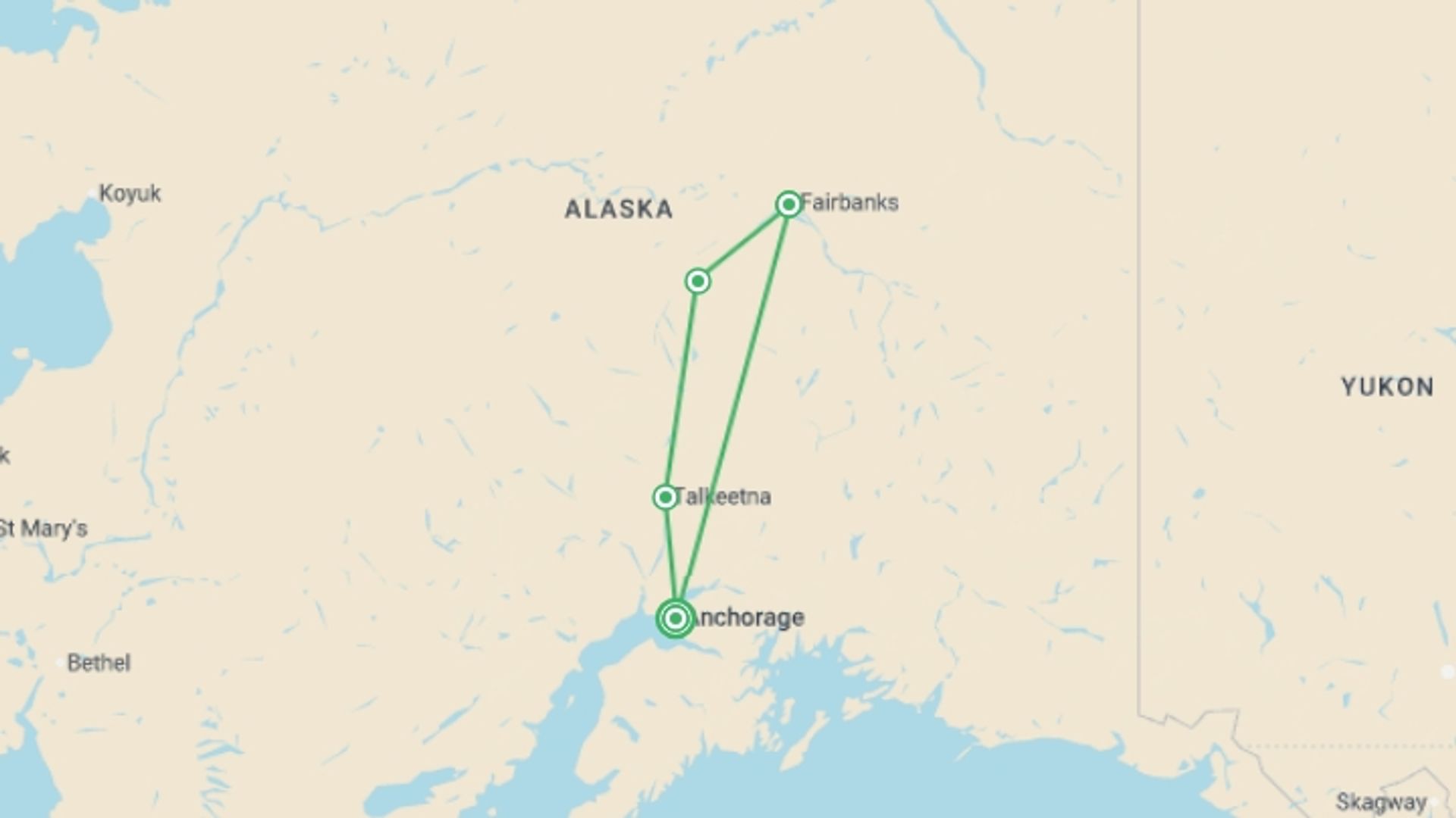 A map showing the tour itinerary for the trip: Alaska's Northern Lights featuring the Alaska Wildlife Conservation Center, starting in Anchorage, USA and ending in Anchorage, USA going through 2 other destinations.