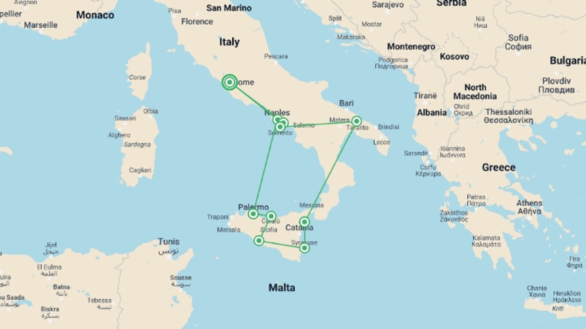 A map showing the tour itinerary for the trip: Highlights of Southern Italy & Sicily, starting in Rome, Italy and ending in Rome, Italy going through 6 other destinations.