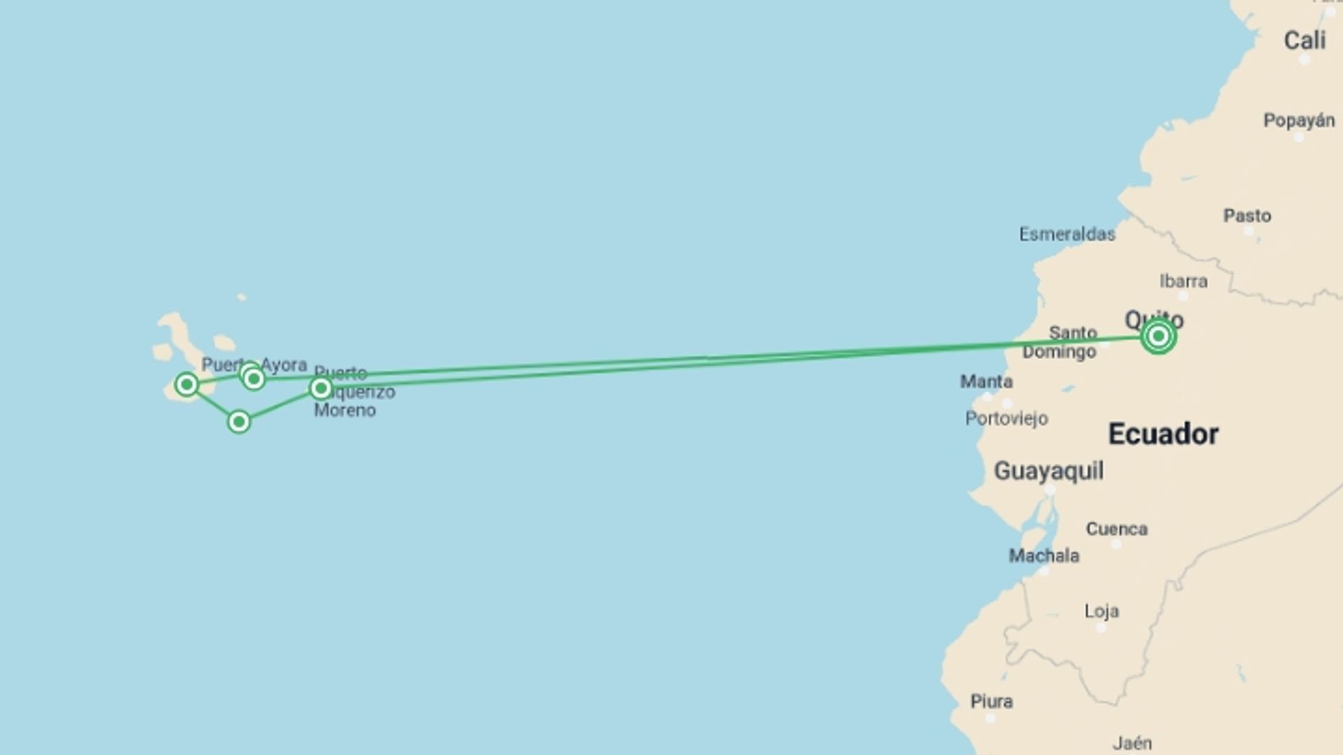 A map showing the tour itinerary for the trip: Solo-ish Galápagos, starting in Quito, Ecuador and ending in Quito, Ecuador going through 4 other destinations.