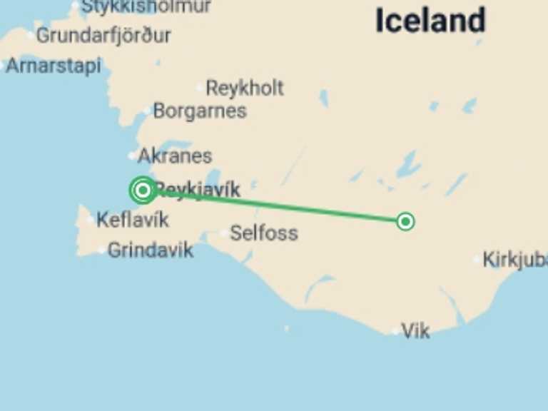 Map itinerary of Reykjavik Tour in July 2026 with 3 destination visits for the trip: Iceland's Laugavegur Trail