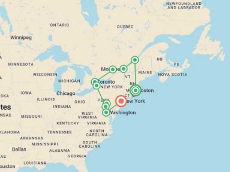 Map of North America Tour with 8 destination visits for the trip: Boston, Niagara Falls, Montreal & New York - 9 days