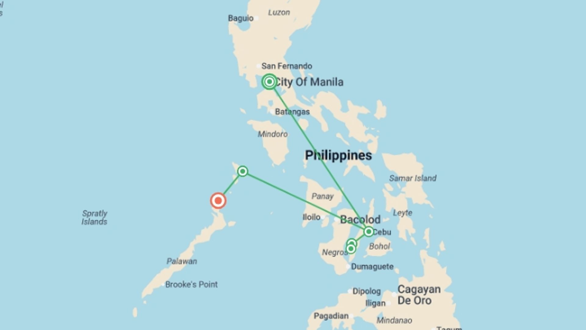 A map showing the tour itinerary for the trip: Philippine Islands Youth Adventure - 13 days, starting in Manila, Philippines and ending in El Nido, Philippines going through 2 other destinations.