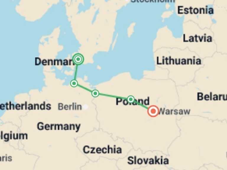 Map itinerary of Northern Europe Tour in Fall with 3 destination visits for the trip: Copenhagen and Poland