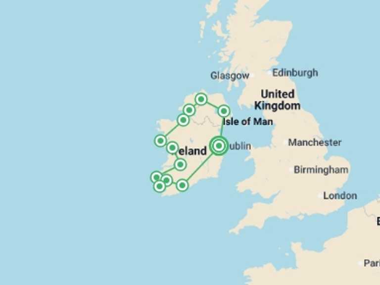 Map of a Natural landmarks sightseeing Tour with 11 destination visits for the trip: The Grand Ireland Wild Atlantic Way