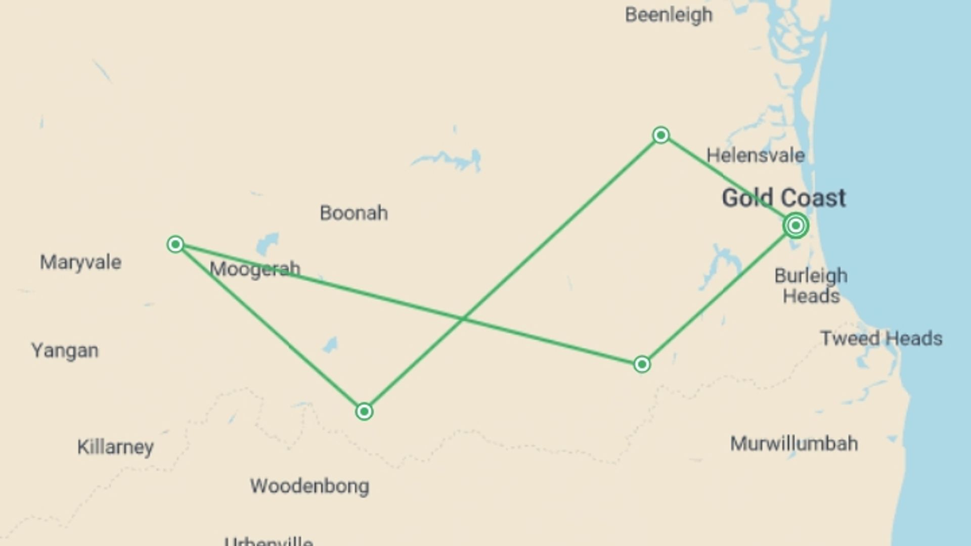 A map showing the tour itinerary for the trip: Walk Queensland's Scenic Rim, starting in Gold Coast, Australia and ending in Gold Coast, Australia going through 3 other destinations.