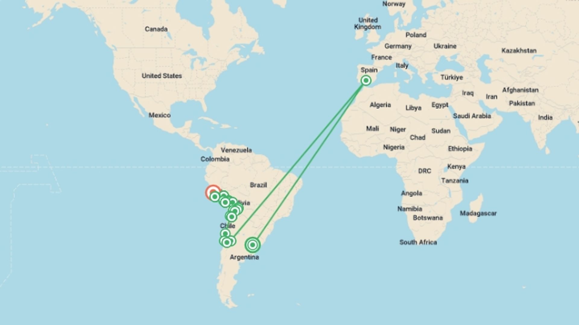 A map showing the tour itinerary for the trip: Buenos Aires to Lima (via Uyuni) Travel Pass, starting in Buenos Aires, Argentina and ending in Lima, Peru going through 20 other destinations.