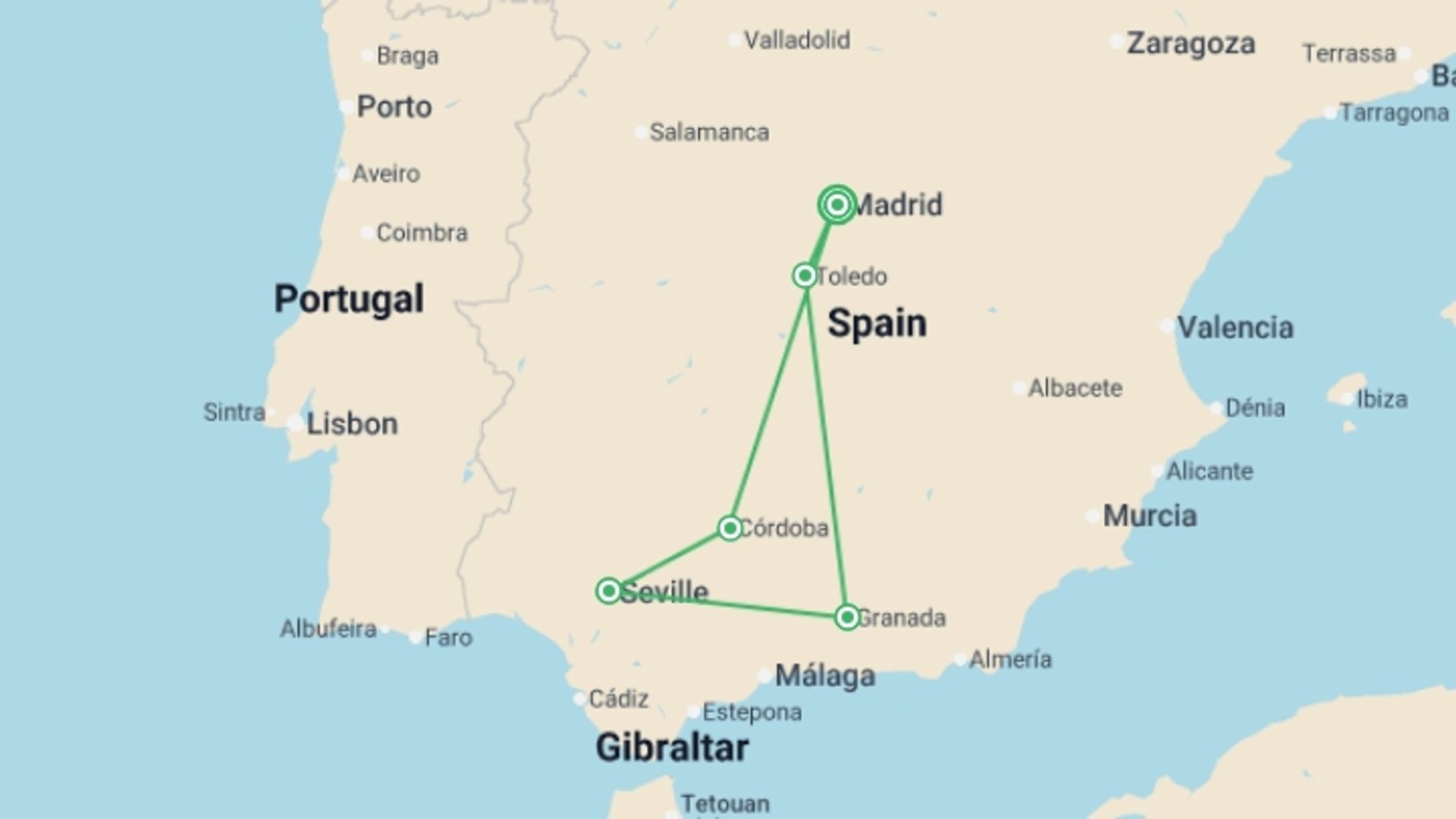 A map showing the tour itinerary for the trip: Essential Spain, starting in Madrid, Spain and ending in Madrid, Spain going through 4 other destinations.