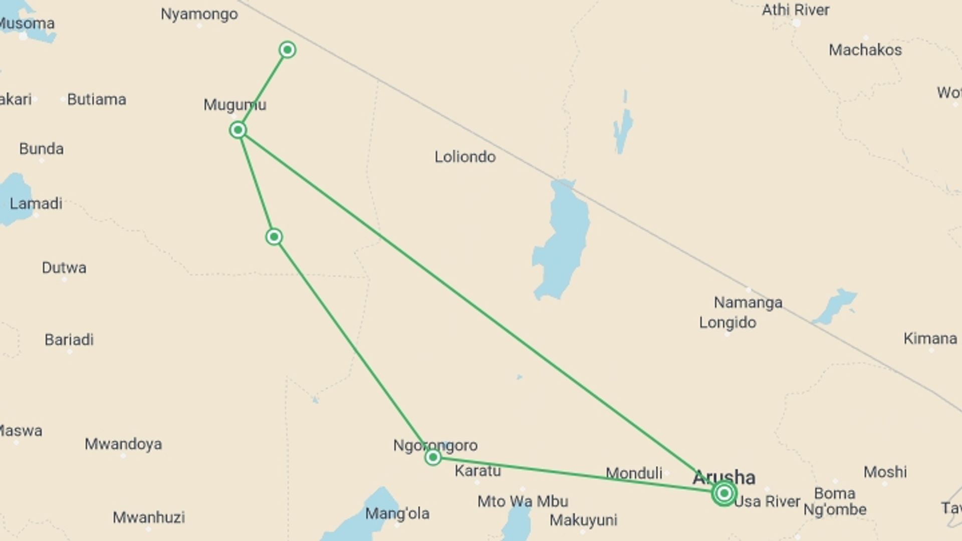 A map showing the tour itinerary for the trip: Tanzania Wildebeest Migration Safari, starting in Arusha, Tanzania and ending in Arusha, Tanzania going through 5 other destinations.