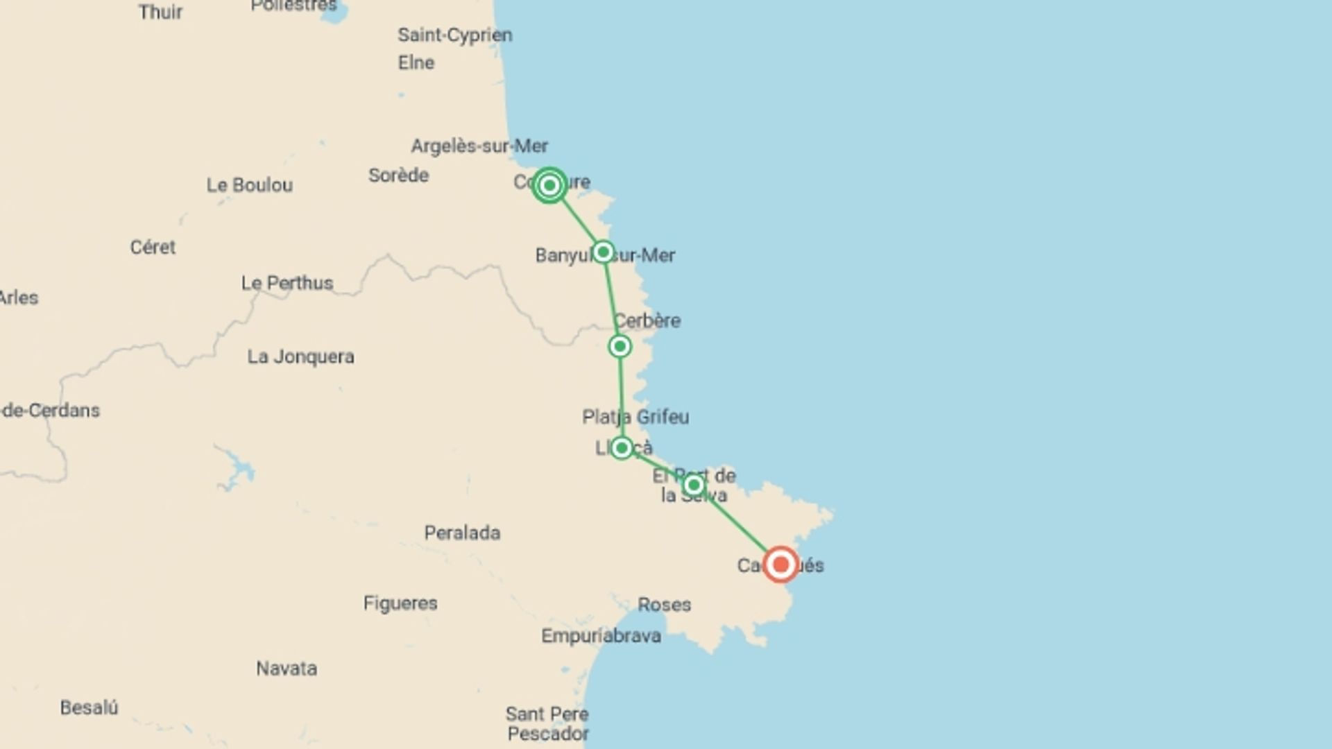 A map showing the tour itinerary for the trip: Hiking the Vermillion Coast, starting in Collioure, France and ending in Cadaqués, Spain going through 5 other destinations.