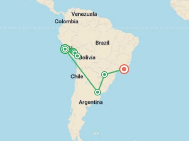 Map of South America Tour with 7 destination visits for the trip: Peru to Buenos Aires, Iguazu & Rio - 14 days