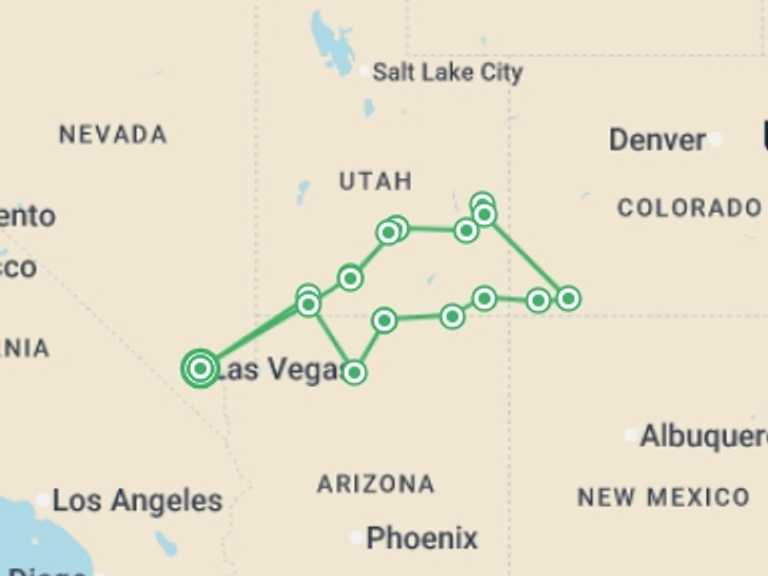 Map itinerary of USA Tour in Spring with 9 destination visits for the trip: Southwest National Parks Uncovered - 12 days