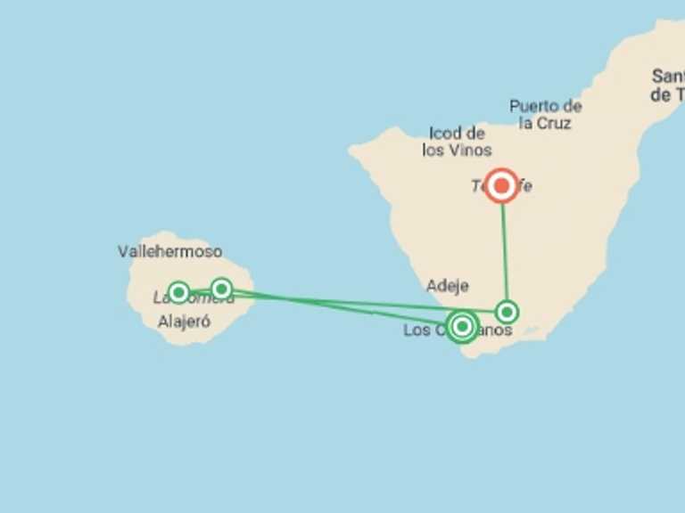 Map itinerary of Europe Tour in January 2027 with 6 destination visits for the trip: Canary Islands Walking - La Gomera and Tenerife