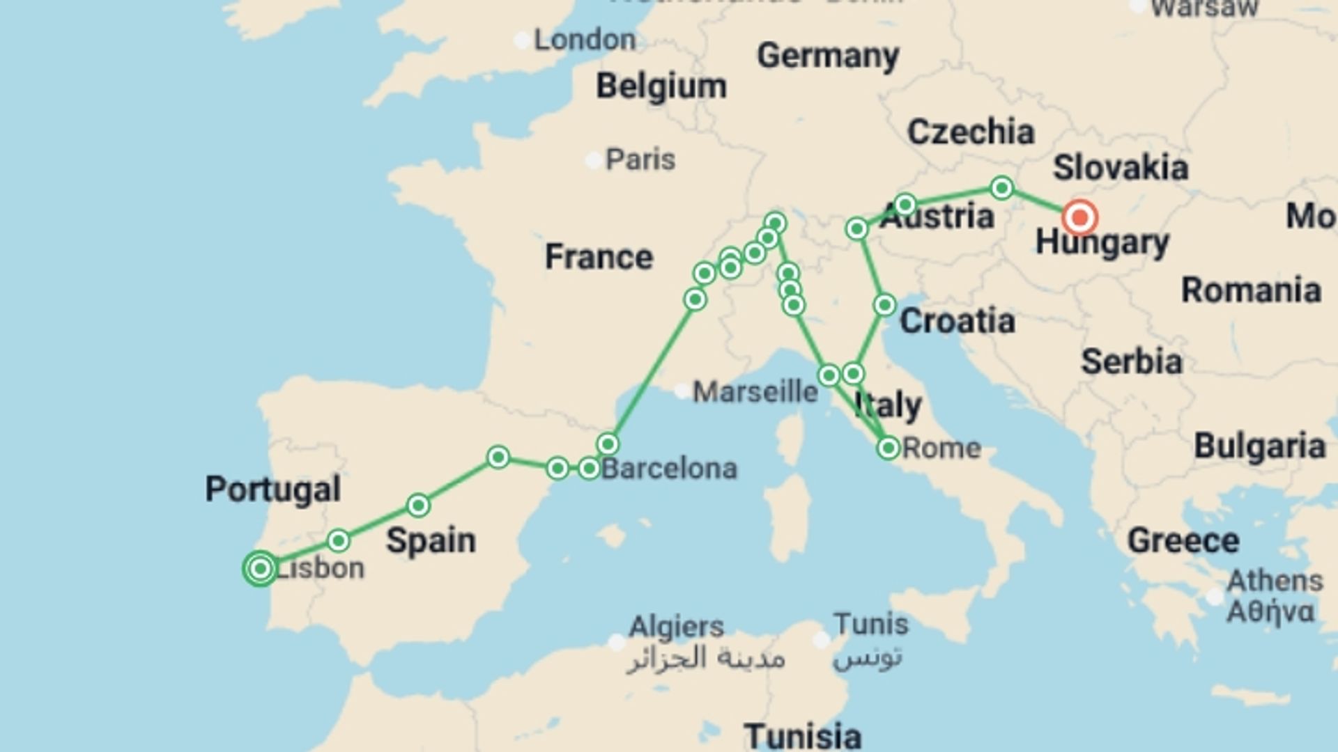 A map showing the tour itinerary for the trip: Europe from West to East end Budapest, starting in Lisbon, Portugal and ending in Budapest, Hungary going through 12 other destinations.
