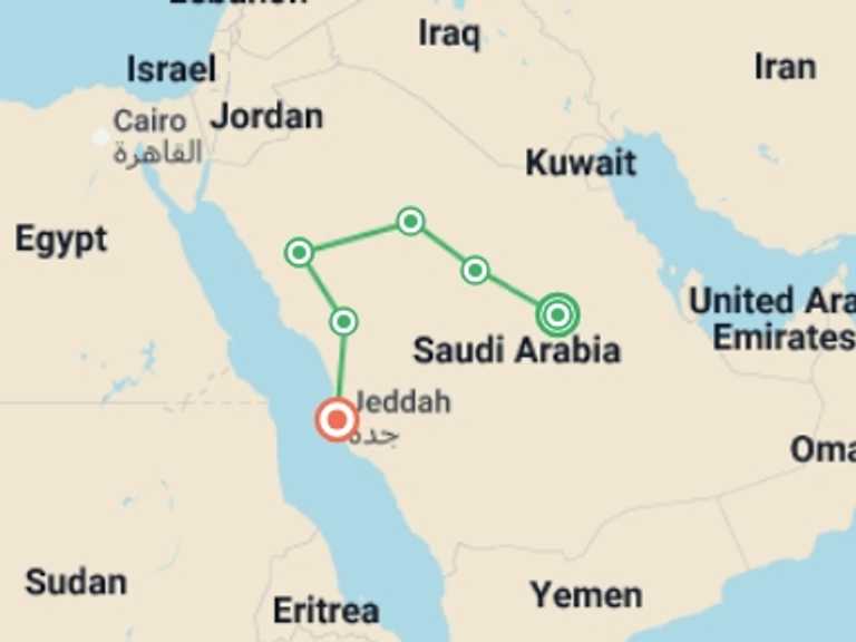 Map itinerary of Asia Tour in December 2026 with 6 destination visits for the trip: Saudi Arabia Highlights