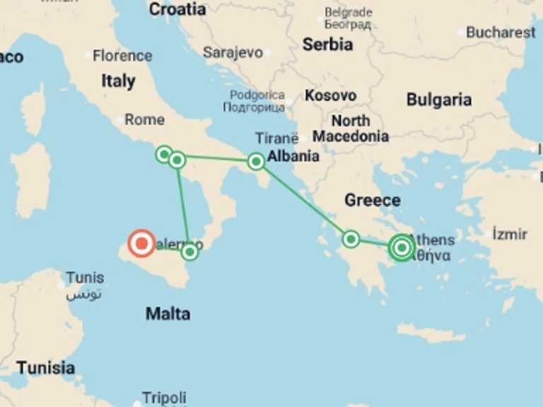 Map of a Sightseeing Tour with 7 destination visits for the trip: Athens, Peninsula and Sicily End Palermo
