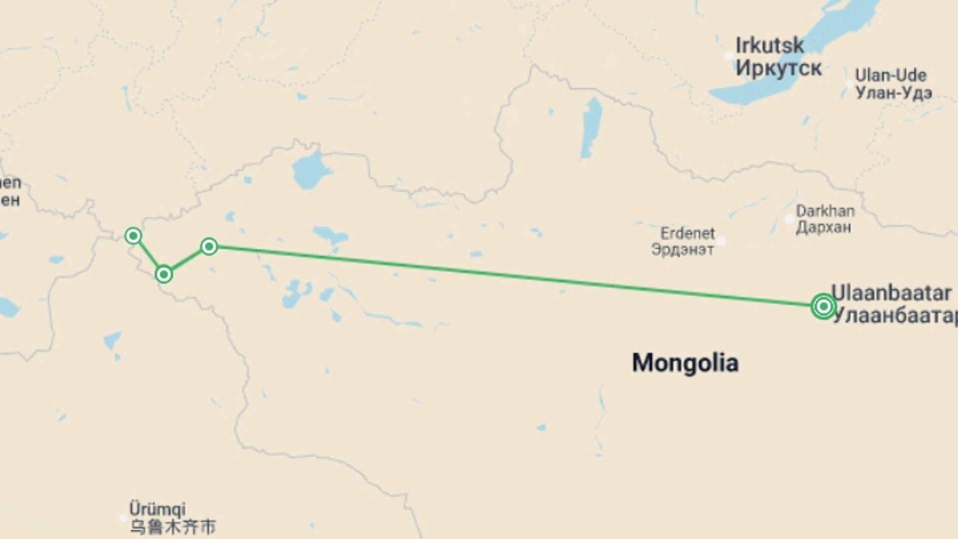 A map showing the tour itinerary for the trip: Mongolian Tavan Bogd Trek, starting in Ulaanbaatar, Mongolia and ending in Ulaanbaatar, Mongolia going through 4 other destinations.