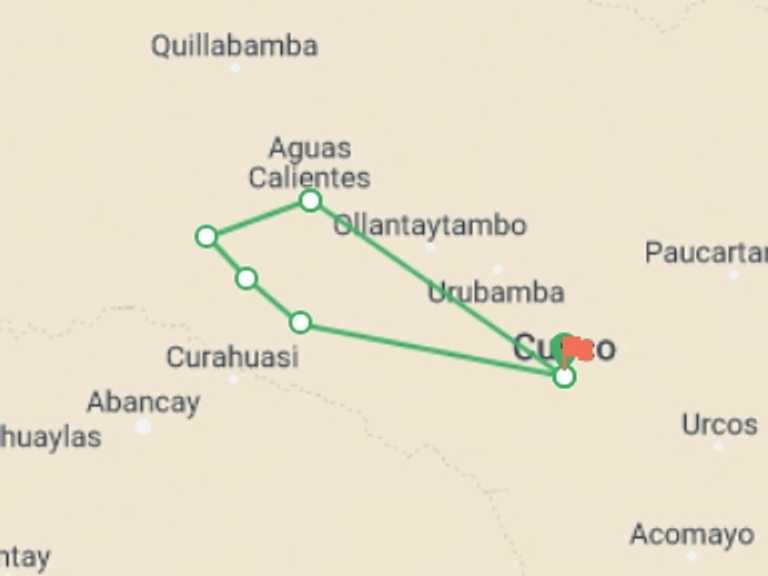 Map of Peru Tour with 7 destination visits for the trip: Trek along  Salkantay to Machu Picchu 