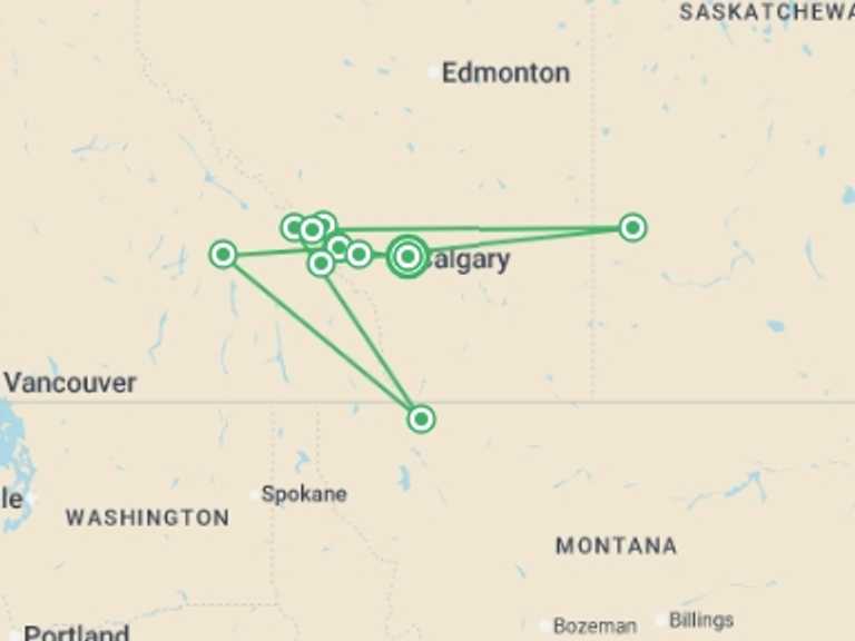 Map of North America Wildlife safaris and game drives Tour with 11 destination visits for the trip: Walking in the Canadian Rockies